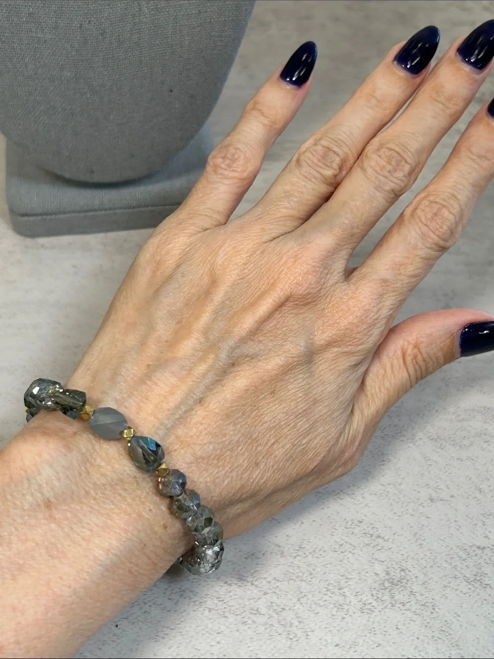 Greenish Gray Iridescent Crystal Beaded Stretch Bracelet